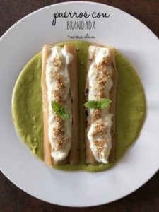 Leeks stuffed with brandade with pea cream