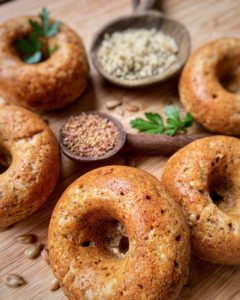 Whole wheat spelt mini donuts with seeds and cheese