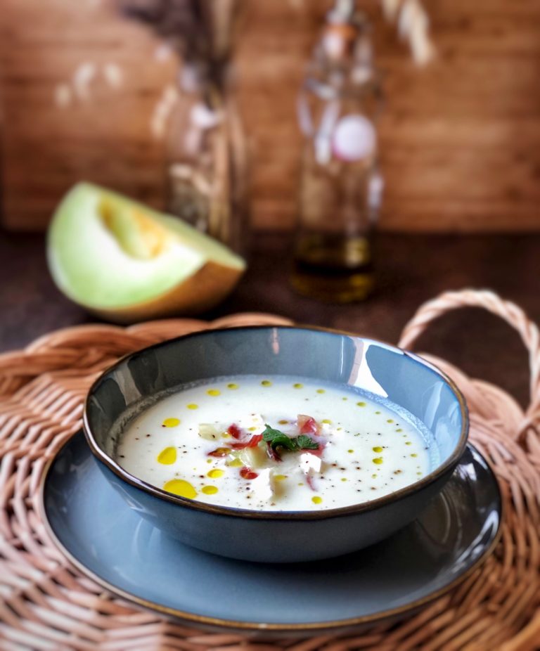 Cold melon soup with Iberian ham and feta cheese