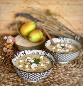 Cold pear and cucumber soup with feta cheese