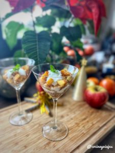 Yogurt and mascarpone cups with nougat and caramelized apple crumble